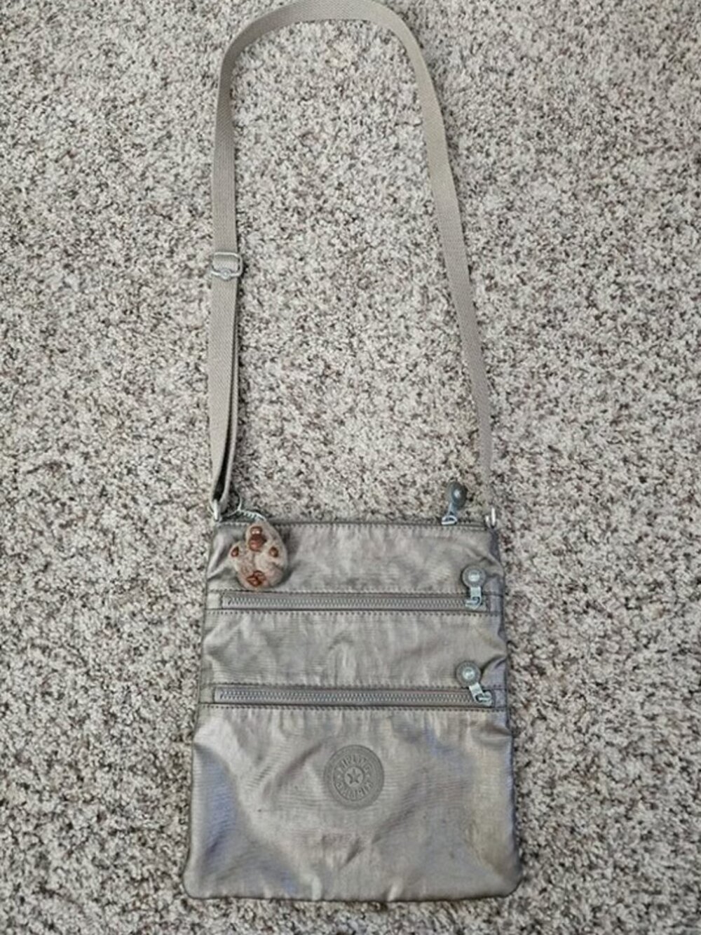 Kipling Metallic Gray Crossbody Bag with Monkey Keychain